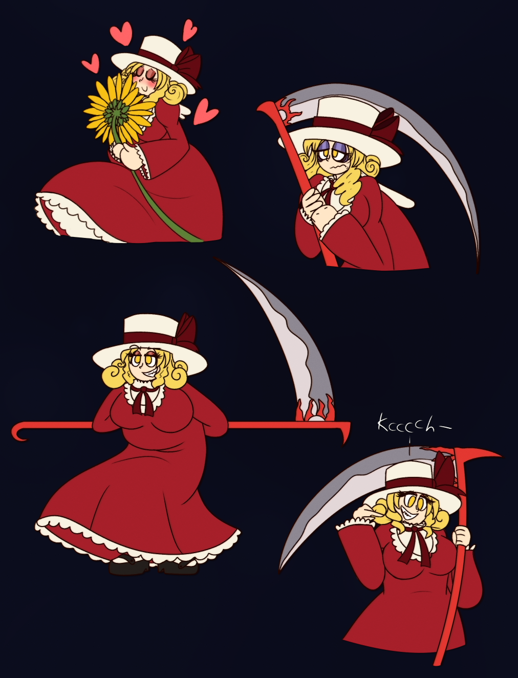 Various doodles of Elly. One of her smelling a sunflower, one of her depressed, one of her looking smug, and one of her doing a slicing gesture.